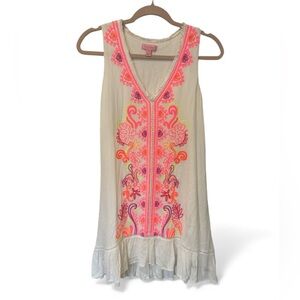 Lilly Pulitzer white dress with Neon Pink, Orange & Yellow Embroidery